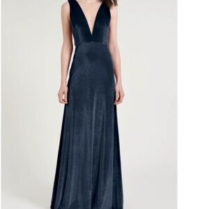 Jenny Yoo Logan Deep-V Velvet Column Gown - French Blue
